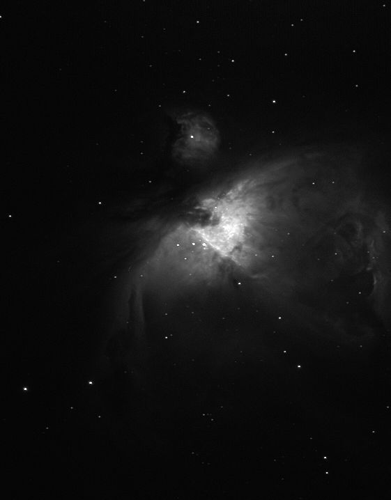 Zu sehen ist eine schwarz-weiß-Aufnahme des Orion-Nebels. Es ist vorrangig schwarz, nur in der Mitte ist der Nebel in weiß zu sehen und ein paar wenige Sterne drum herum.